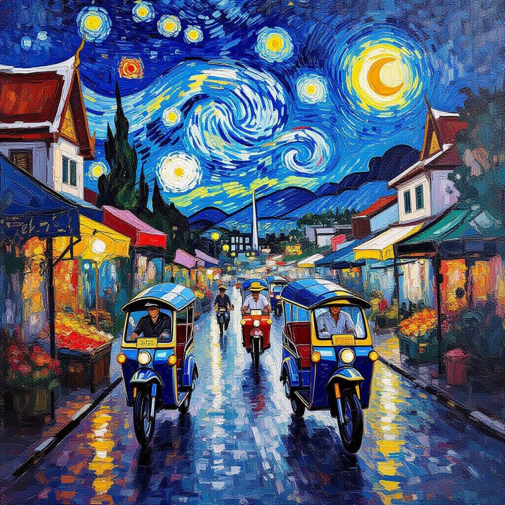 Thai Street Scene in Van Gogh Impasto Style