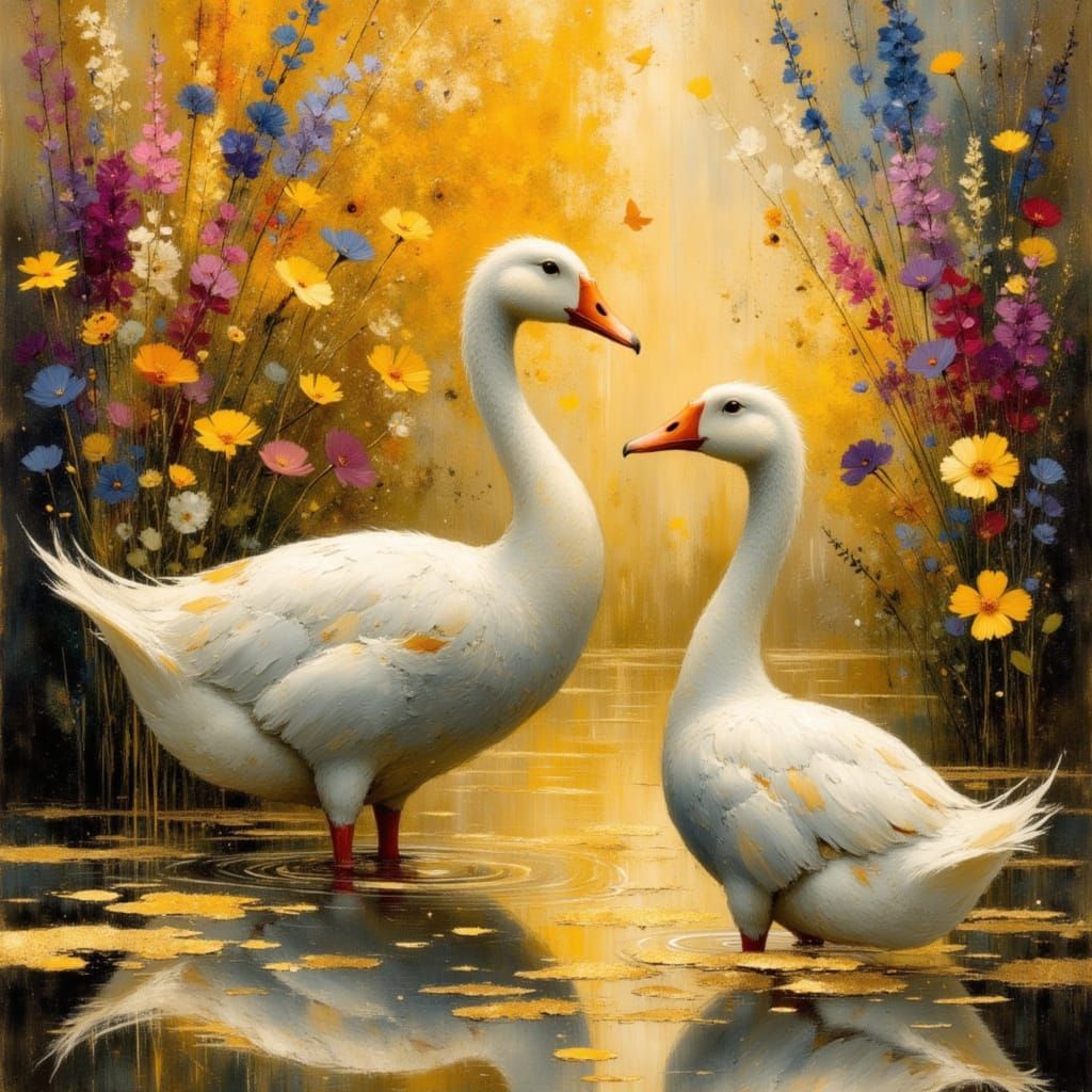 Geese in Golden Pond: Vibrant Patchwork Collage