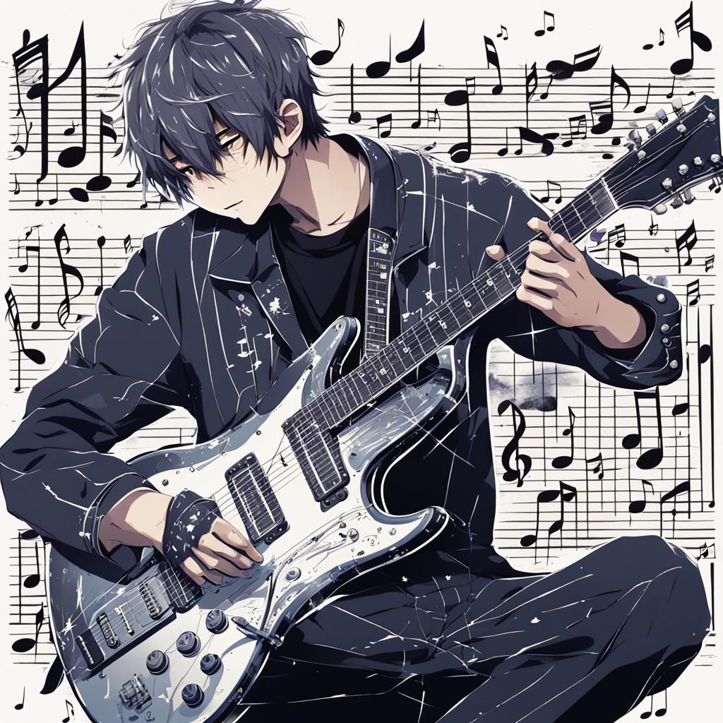 Man Playing Guitar Amidst Musical Notes, in Anime Style
