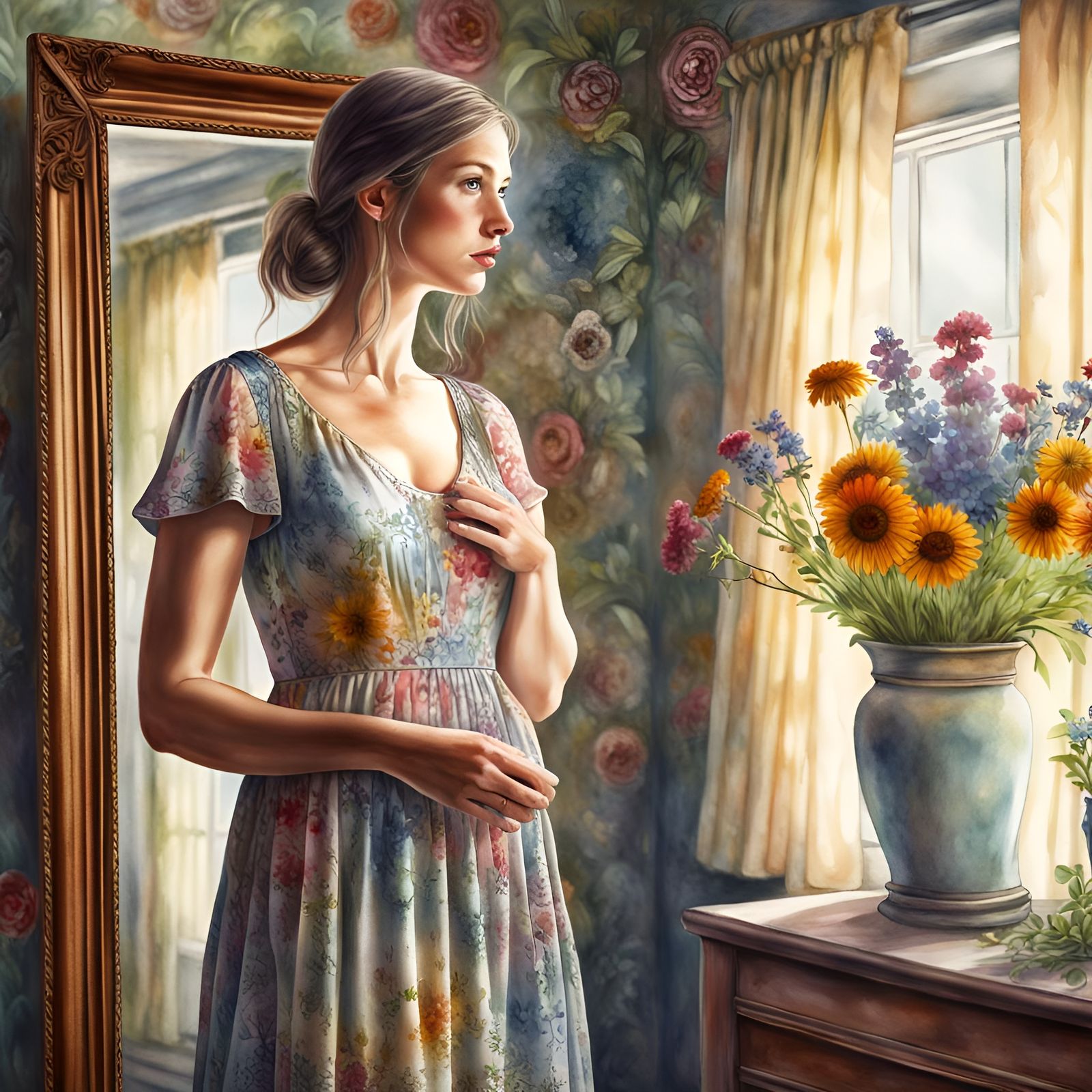 Hyperrealistic Woman in Floral Dress Reflecting