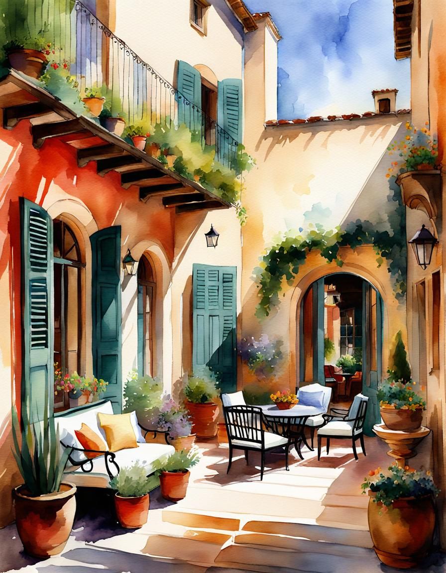 Italian Courtyard: Watercolor Sketch in Boho Chic Style