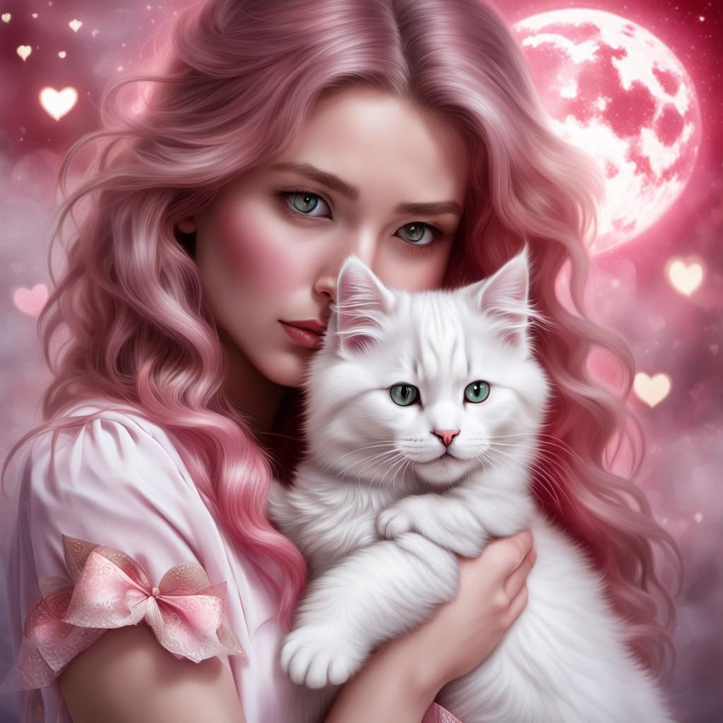 Girl Hugging Maine Coon Kitten: Ethereal Valentine