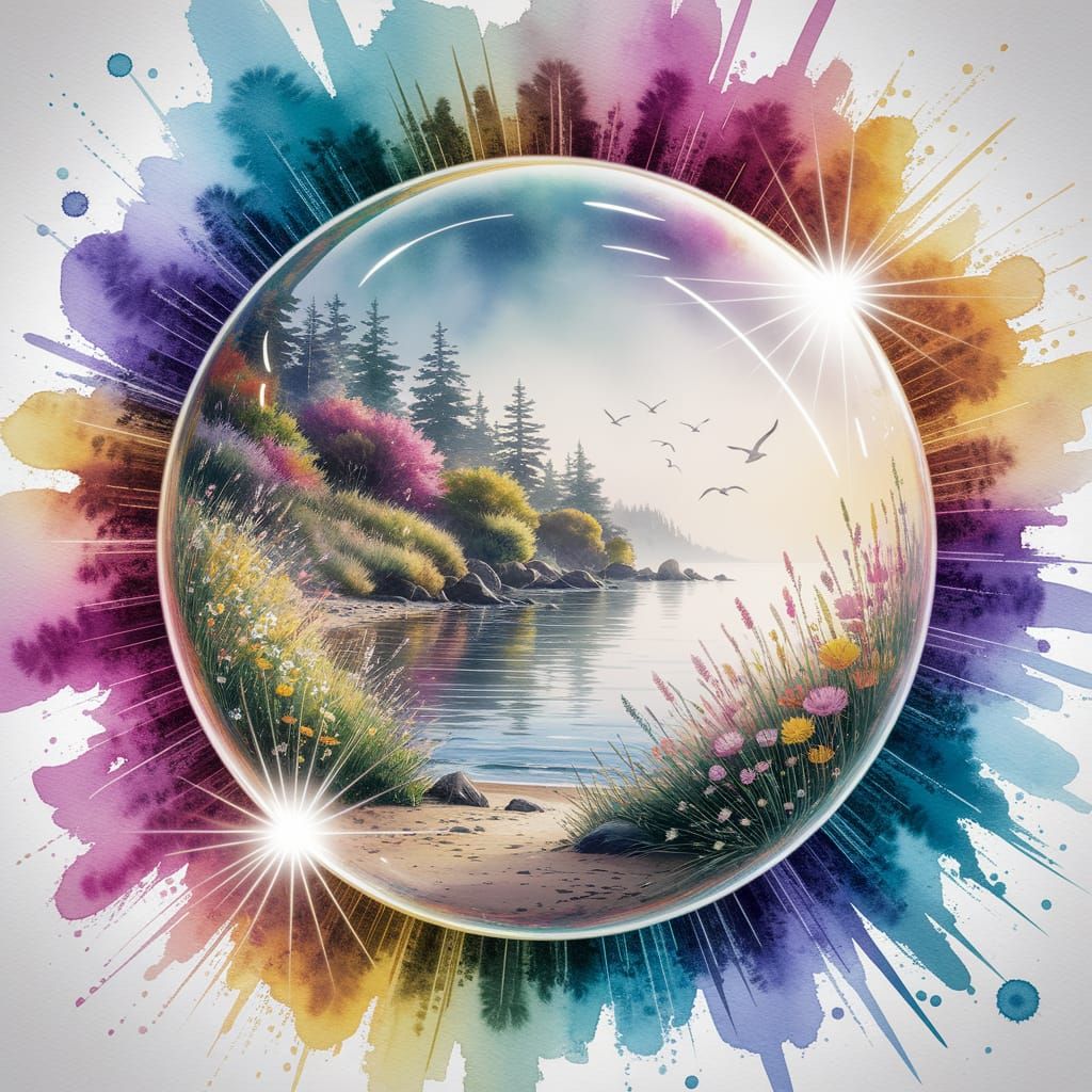 Coastal Landscape Reflected in Fantasy Watercolor Bubble