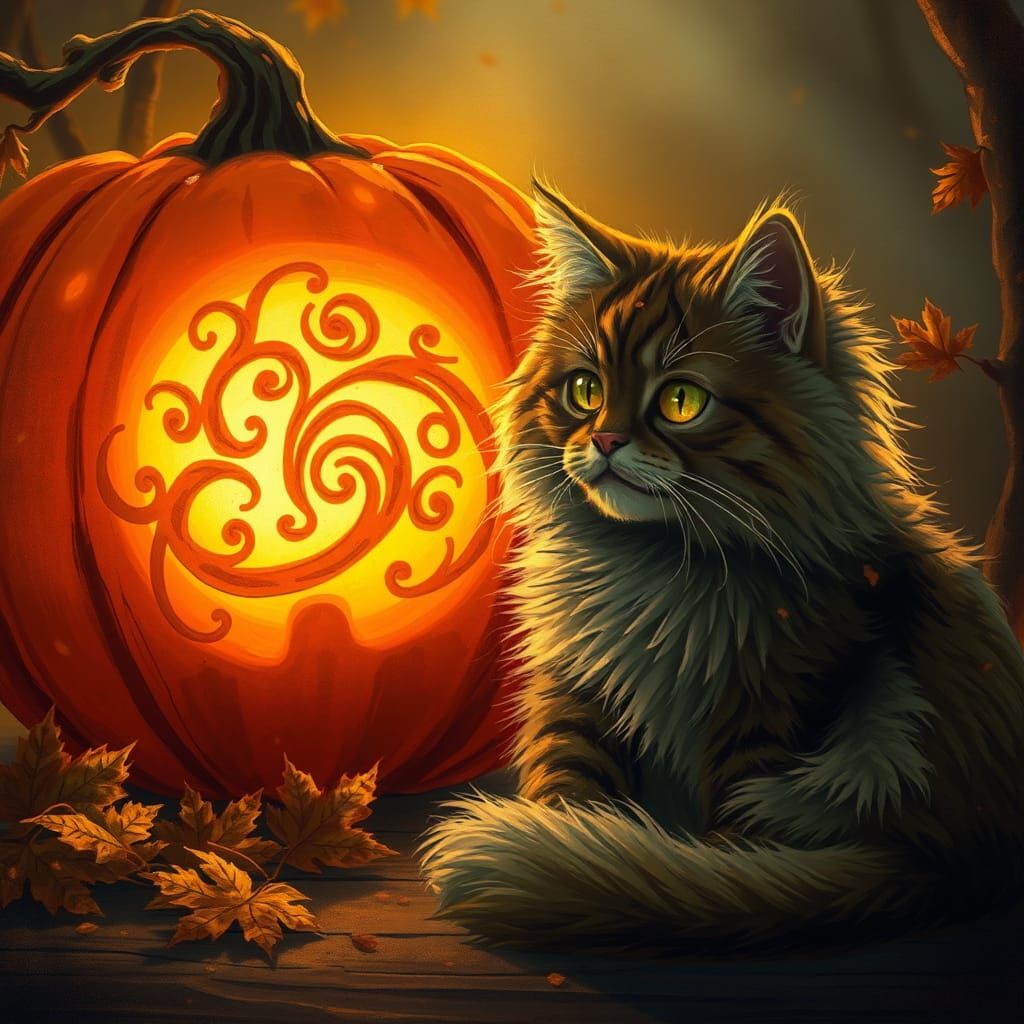 Autumn Cat and Jack-o'-Lantern in Fantasy Art Style