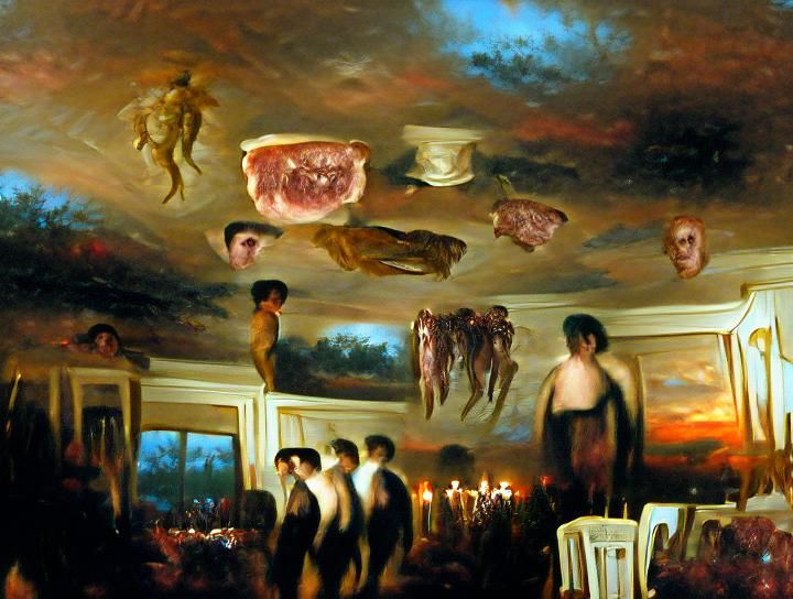 Flesh Parade in Dining Room: Romantic Oil Painting