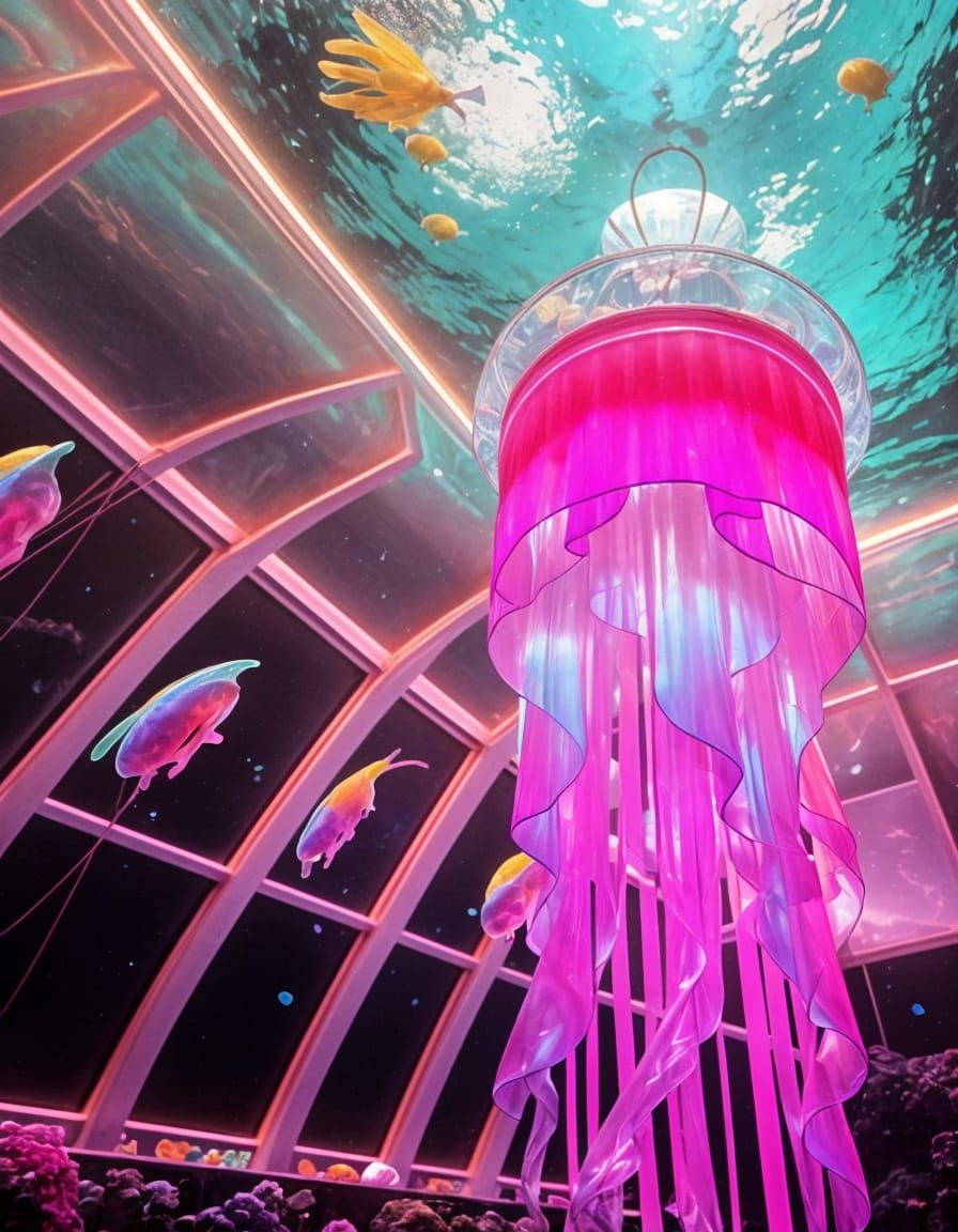 Bioluminescent Jellyfish in Synthwave Aquarium