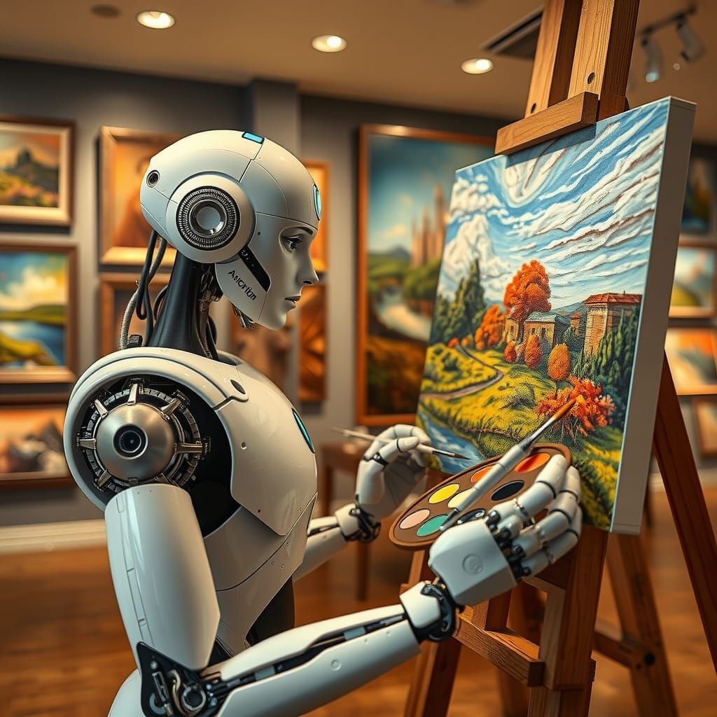 Robot Artist Paints Landscape in Gallery