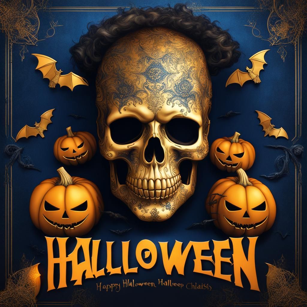 Halloween Party Poster with Skull in Gold and Blue