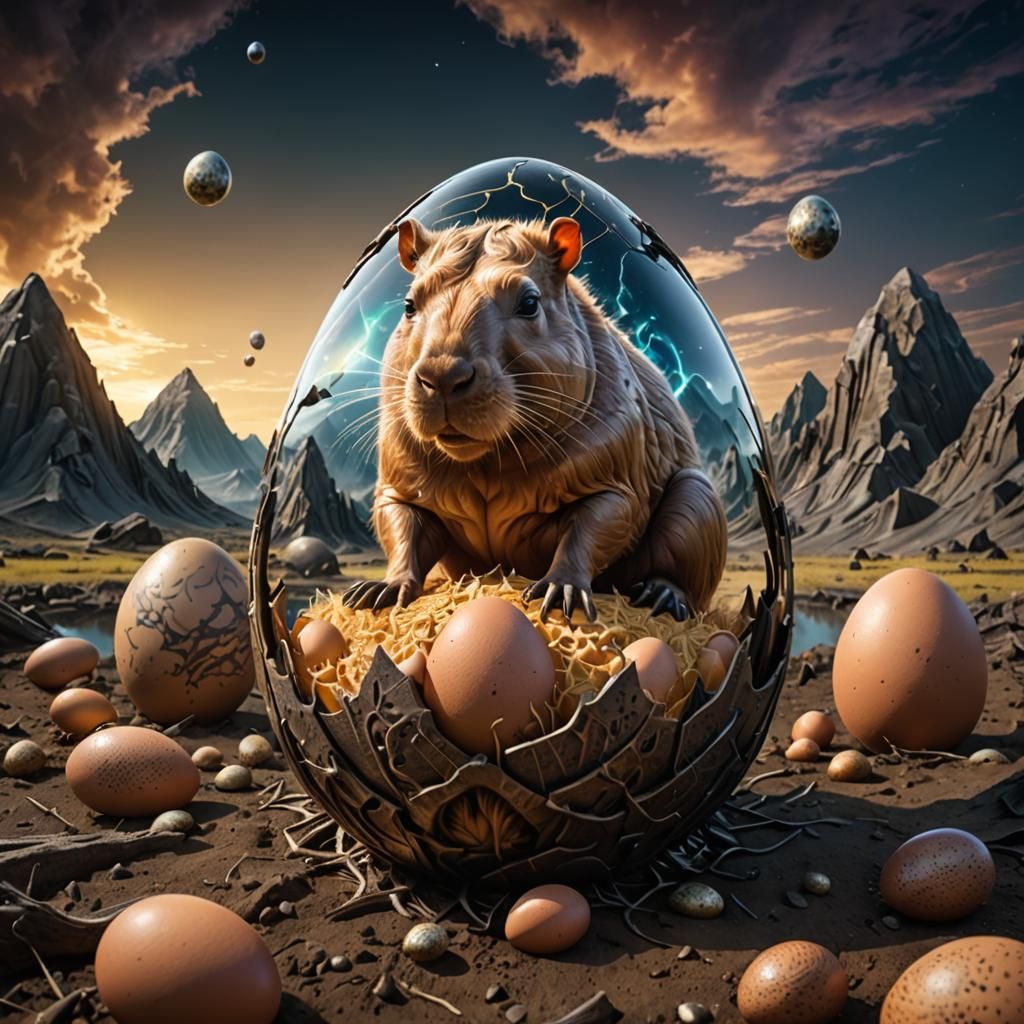 Capybara Hatching in Chromatic Surrealist Style
