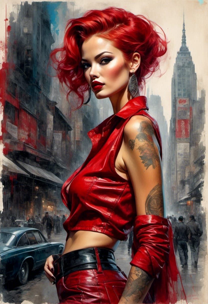 Retro Cyberpunk Pinup with Red Hair