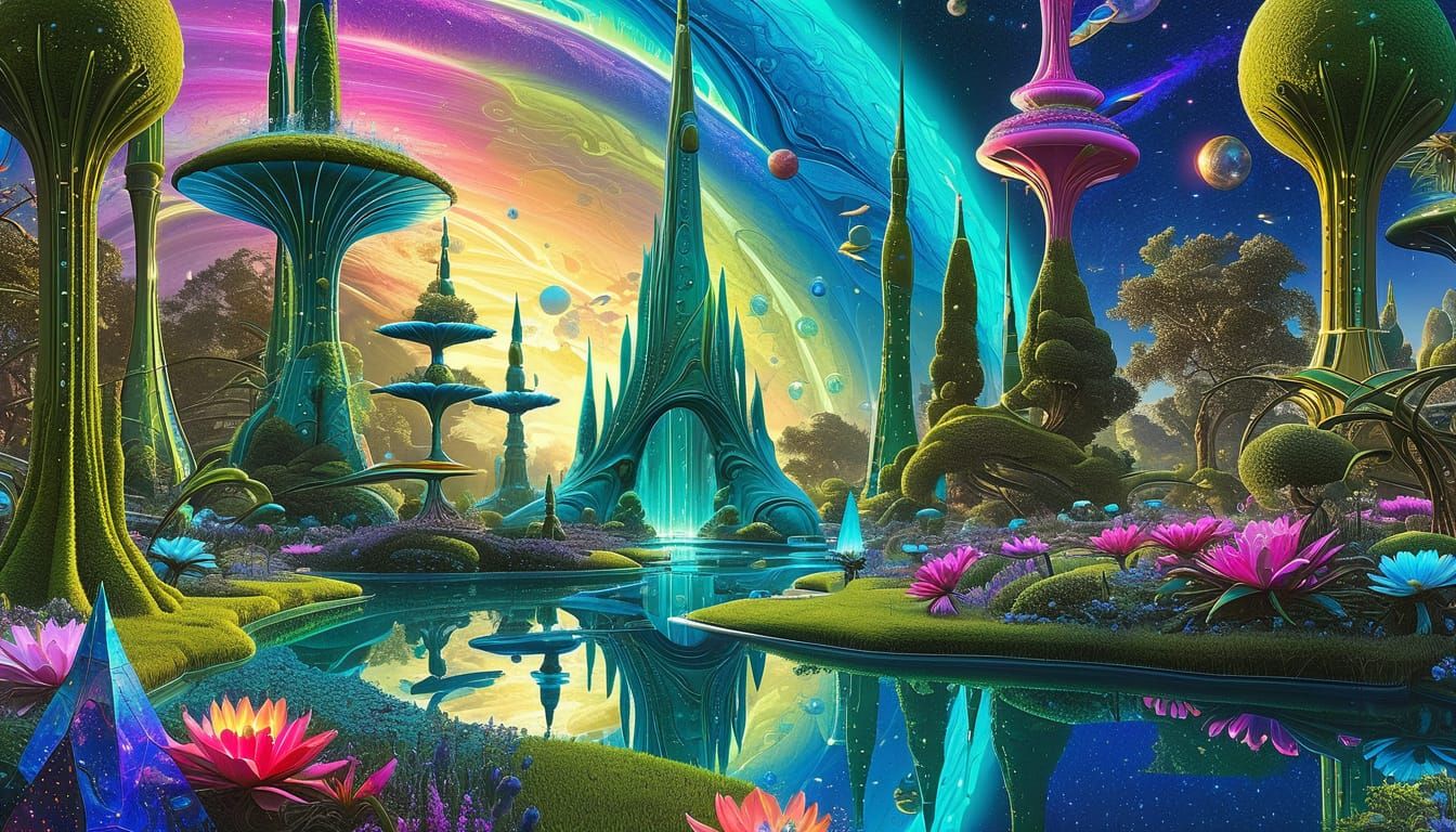 beautiful epic cosmic  lush alien landscape with glass spire...