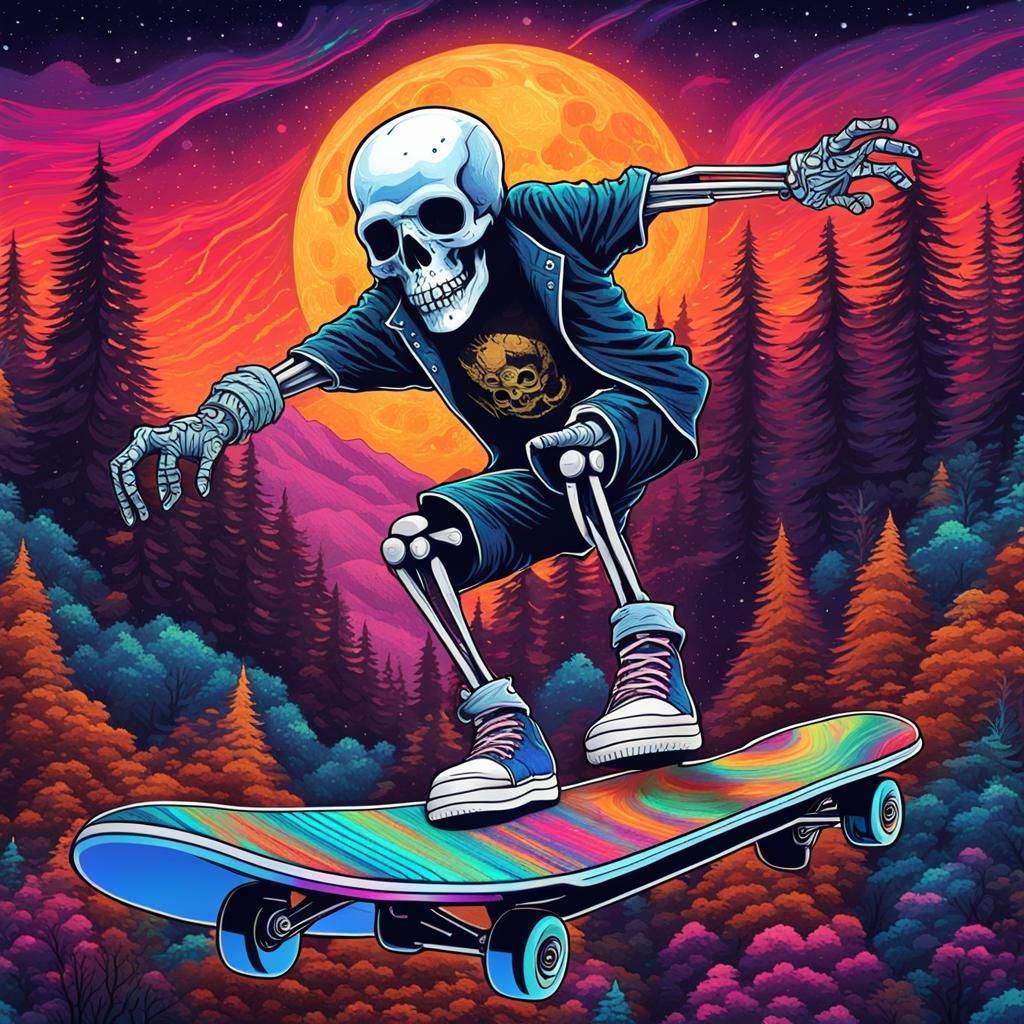 Punk Rock Skeleton Shreds Redwoods in Holographic Illustrati...