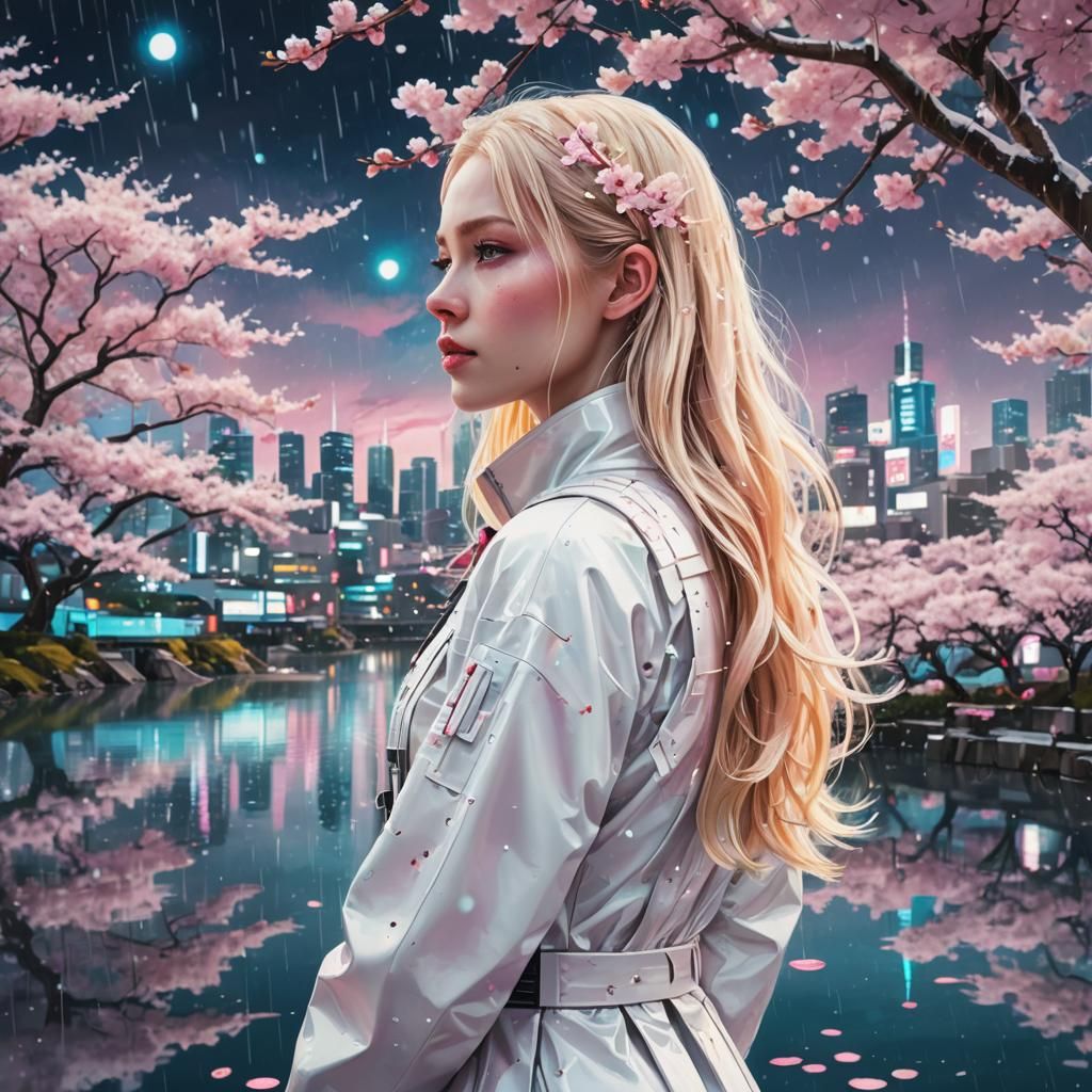 Futuristic Girl Gazing at Floating Japanese City