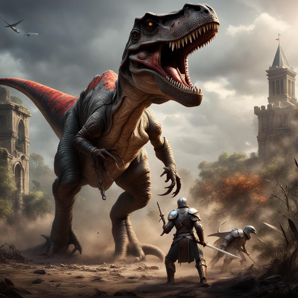 Crusader Battles T-Rex in Epic Fantasy Art