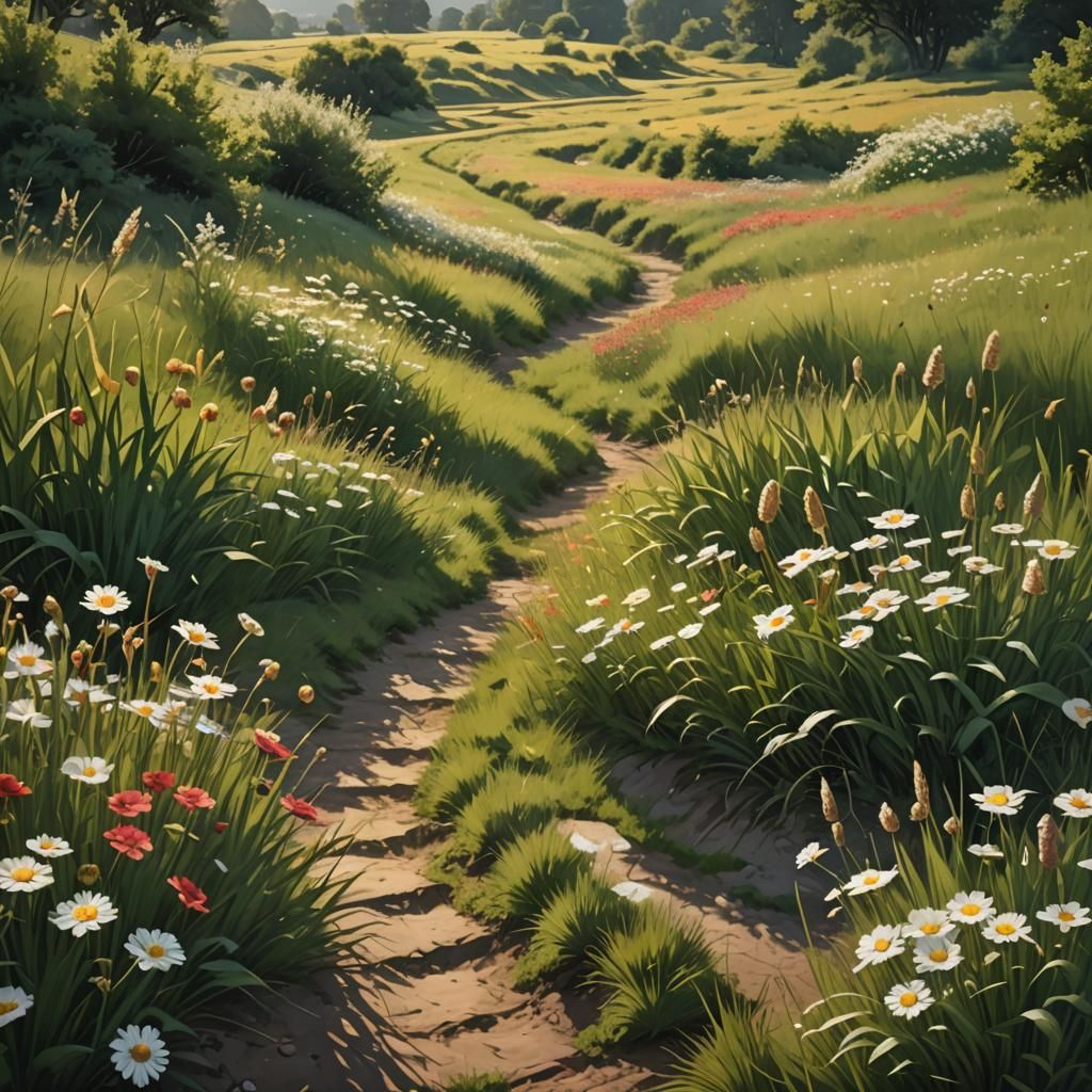 Lush Summer Field with Sunlight, Detailed Matte Painting