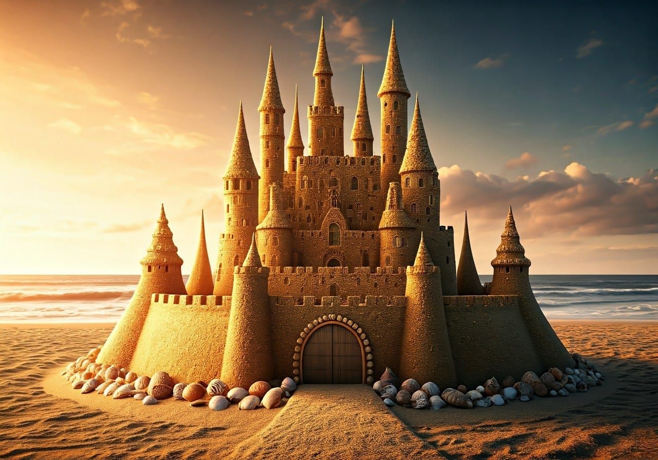 Golden Sand Castle with Seashells