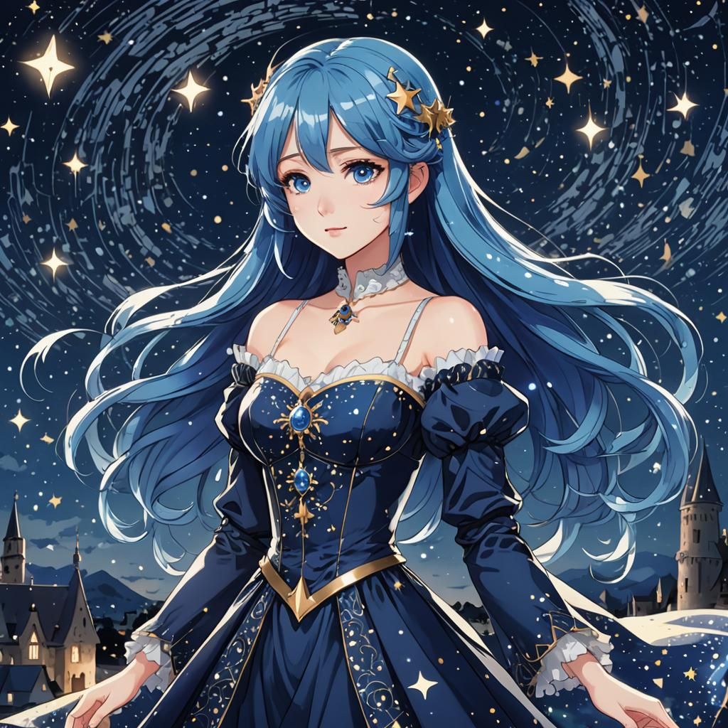 Anime Girl in Starry Gown Under Starry Sky