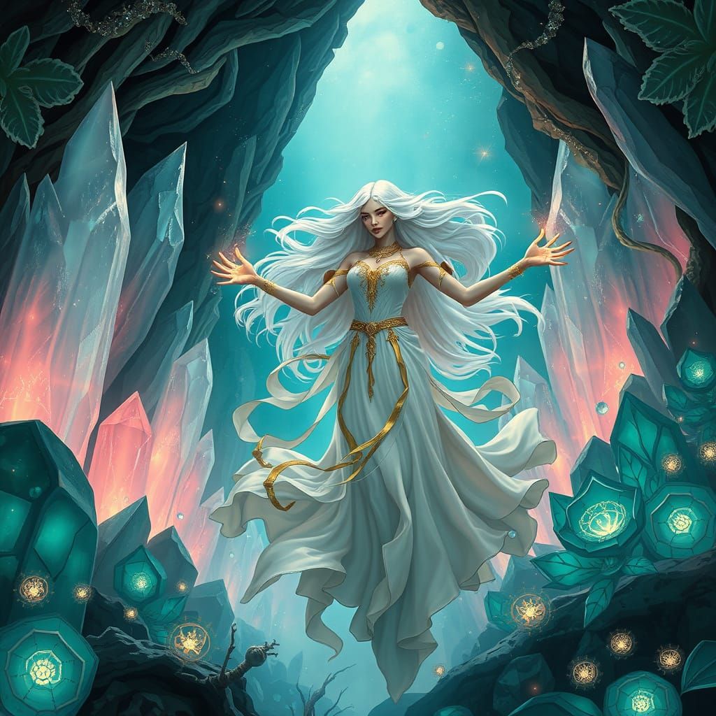 Sorceress in Crystal Cave Casts Enchanted Spell in Dark Fant...
