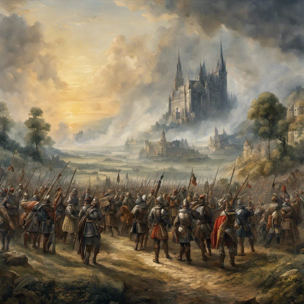 Renaissance Army Gathering in Watercolor Landscape
