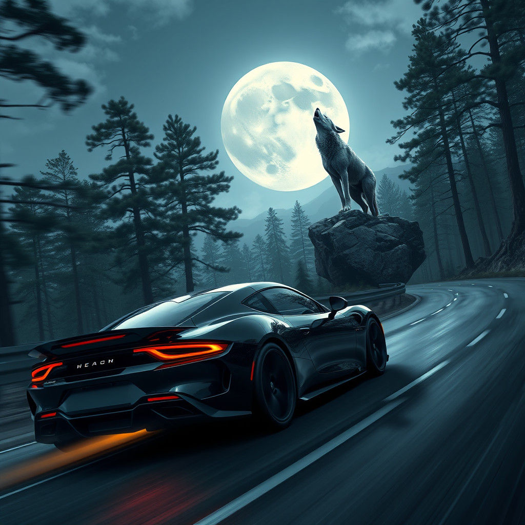 Black Car Races Under Moonlight, Digital Matte Painting