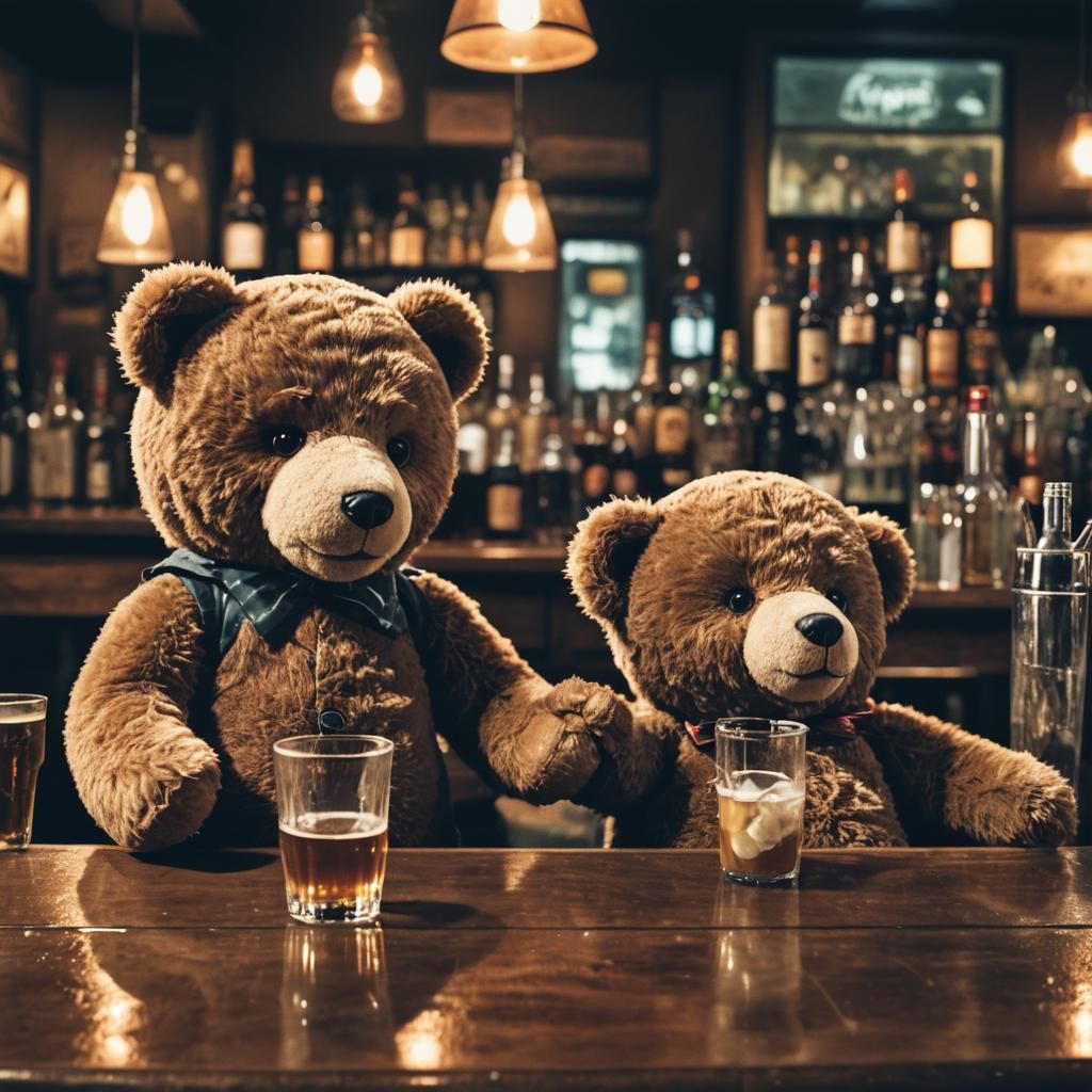 Teddy Bears Enjoying Drinks at Bar with Atmospheric Light