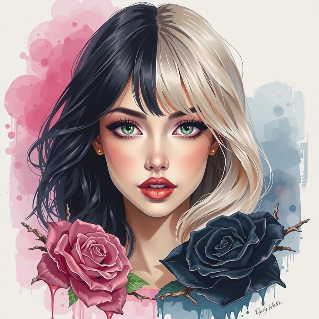 Striking Portrait: Woman's Face Split in Abstract Painting S...