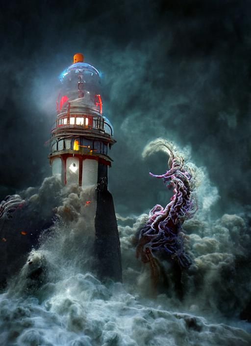 Lighthouse Under Tentacle Attack: Cosmic Horror Art