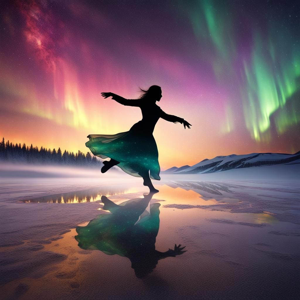 Aurora Borealis Silhouette Dance on Frozen Lake