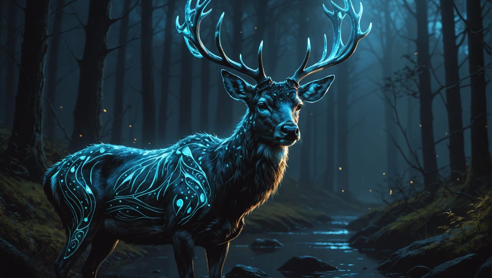 Bioluminescent Deer in the Dark: Fantasy Oil Painting