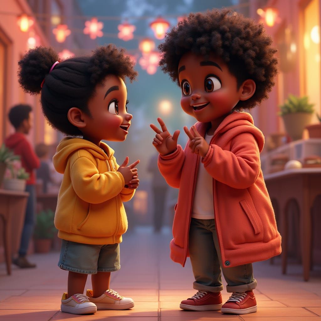 Joyful Black Teenager Smiles with Friend in Vibrant 3D Art