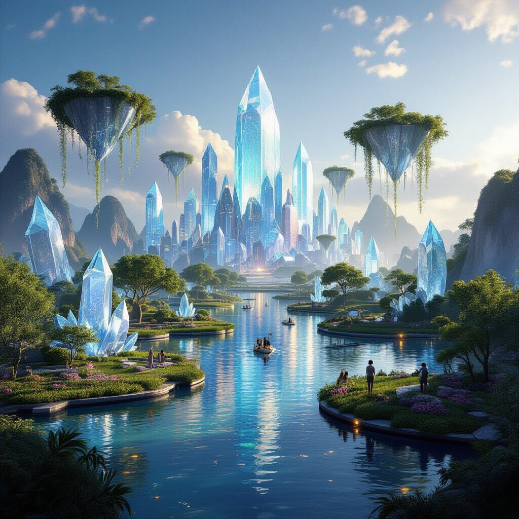 Futuristic World: Floating Gardens Over Crystal Cities
