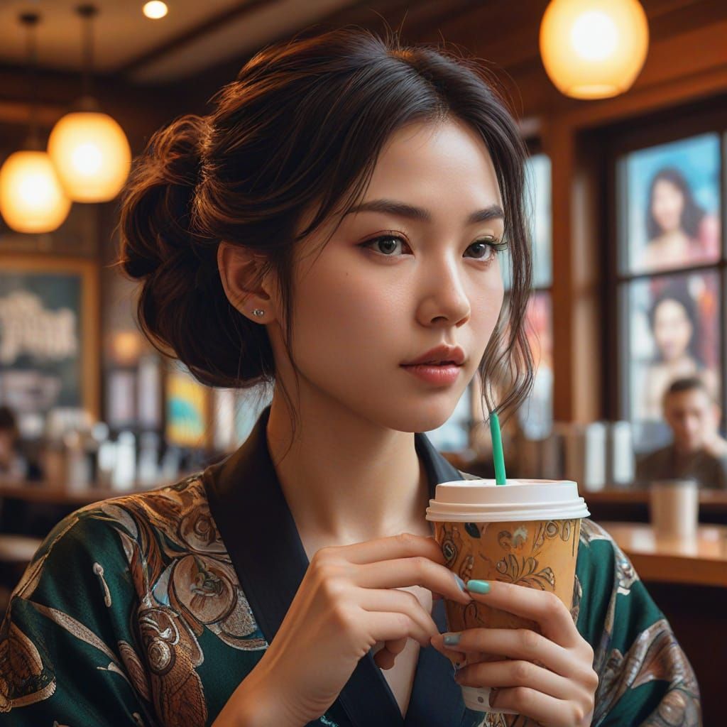 Japanese Lady in Cafe, Alphonse Mucha Inspired Portrait