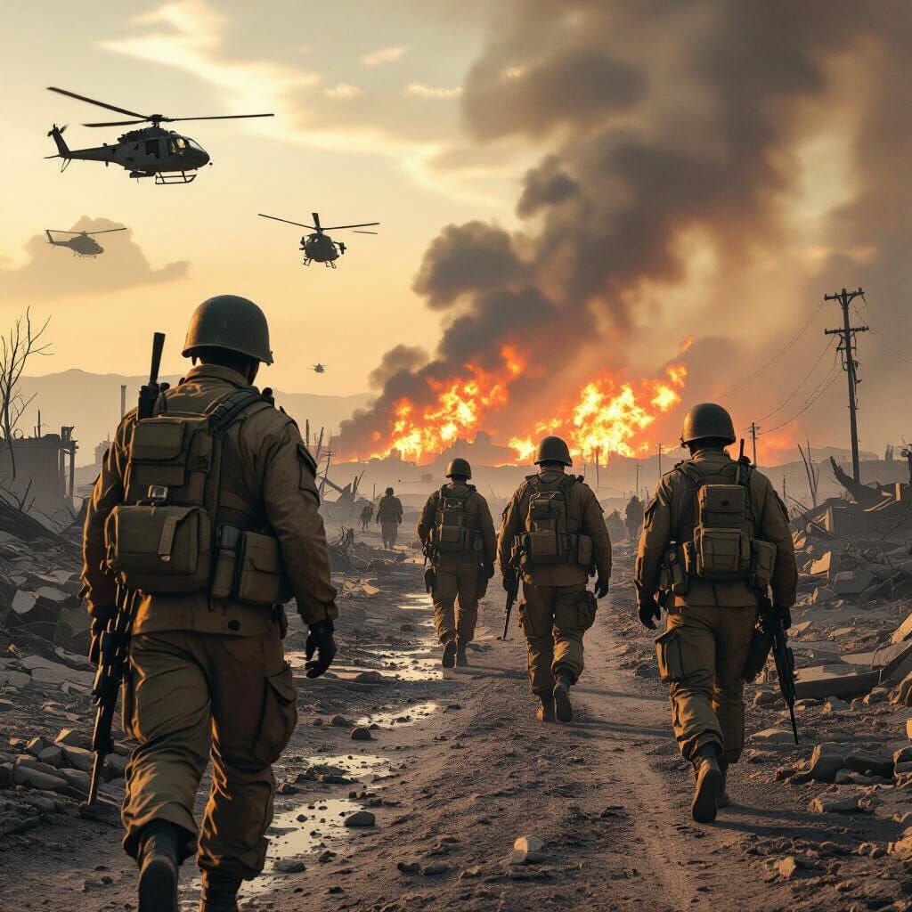 Dystopian Soldiers Depart Burning Landscape