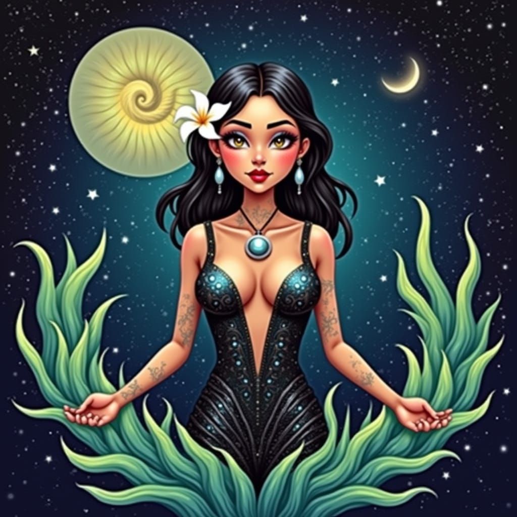 Woman with Fractal Patterns and Starry Sky