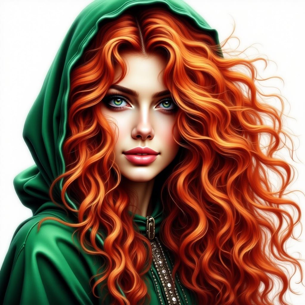 Red-Haired Woman in Green Hood, Digital Painting