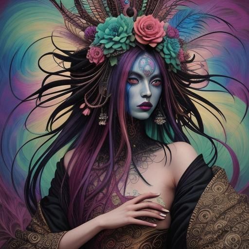 Surreal Woman with Rainbow Skin and Peacock Feathers