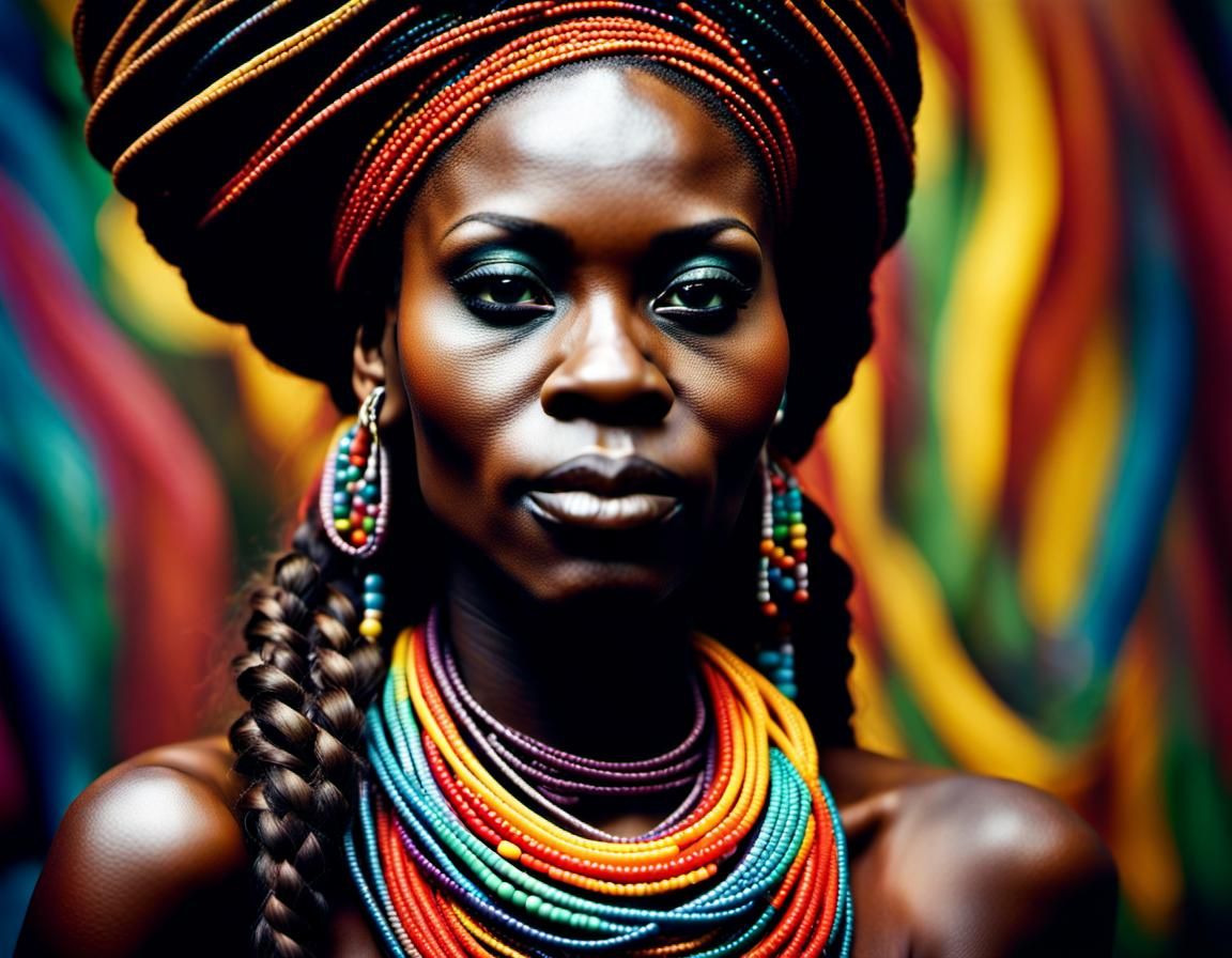 African Woman with Vibrant Braids and Beads in a Muted Smoky...