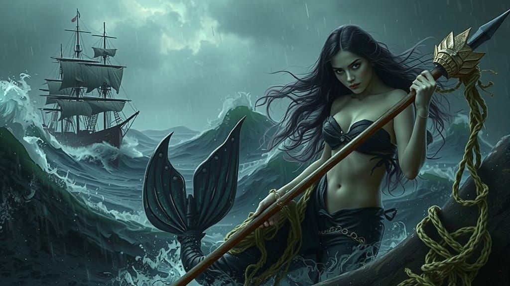Storm Mermaid with Spear on Ship Bow