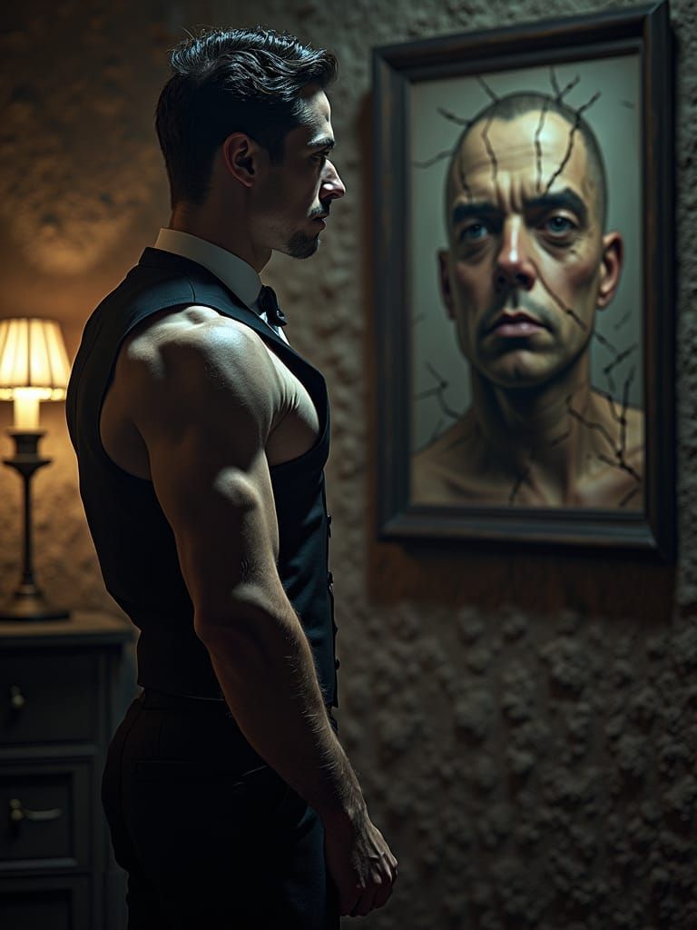 Dorian Gray: Hyper-Realistic Bodybuilder in Eerie Attic