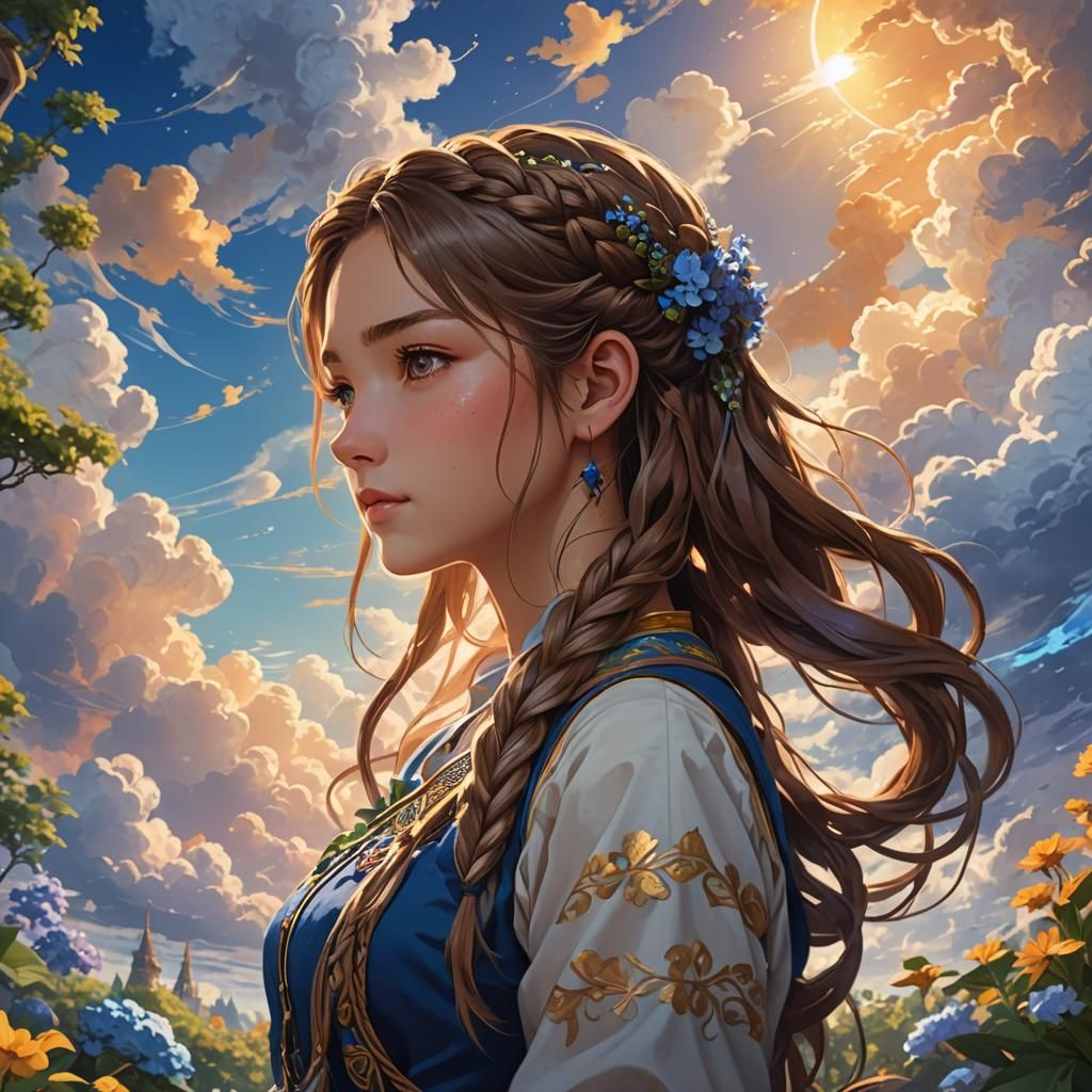 Anime Girl Gazing at Clouds: Digital Concept Art