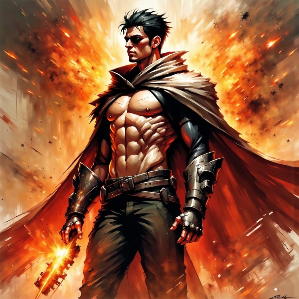 Ash Proctor Amidst Celestial Flames in a Dark Fantasy Art St...