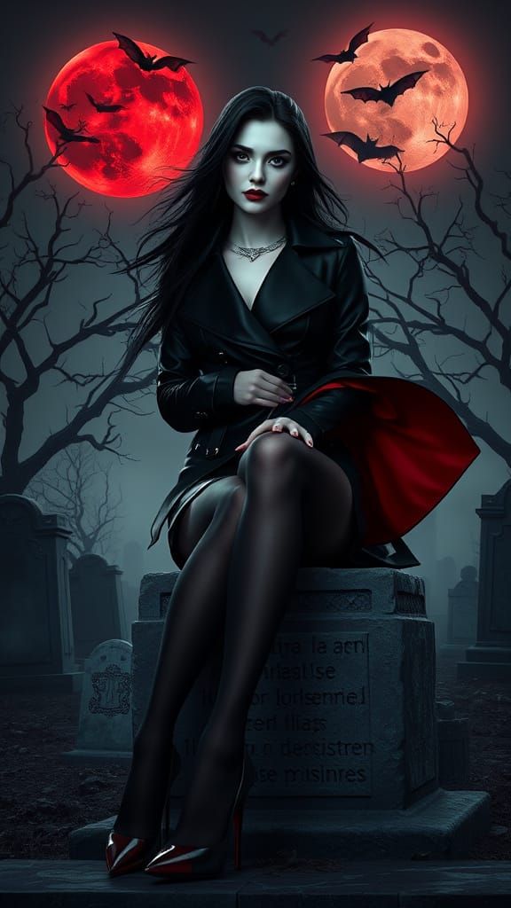 Gothic Vampire Goddess Under Blood-Red Moon