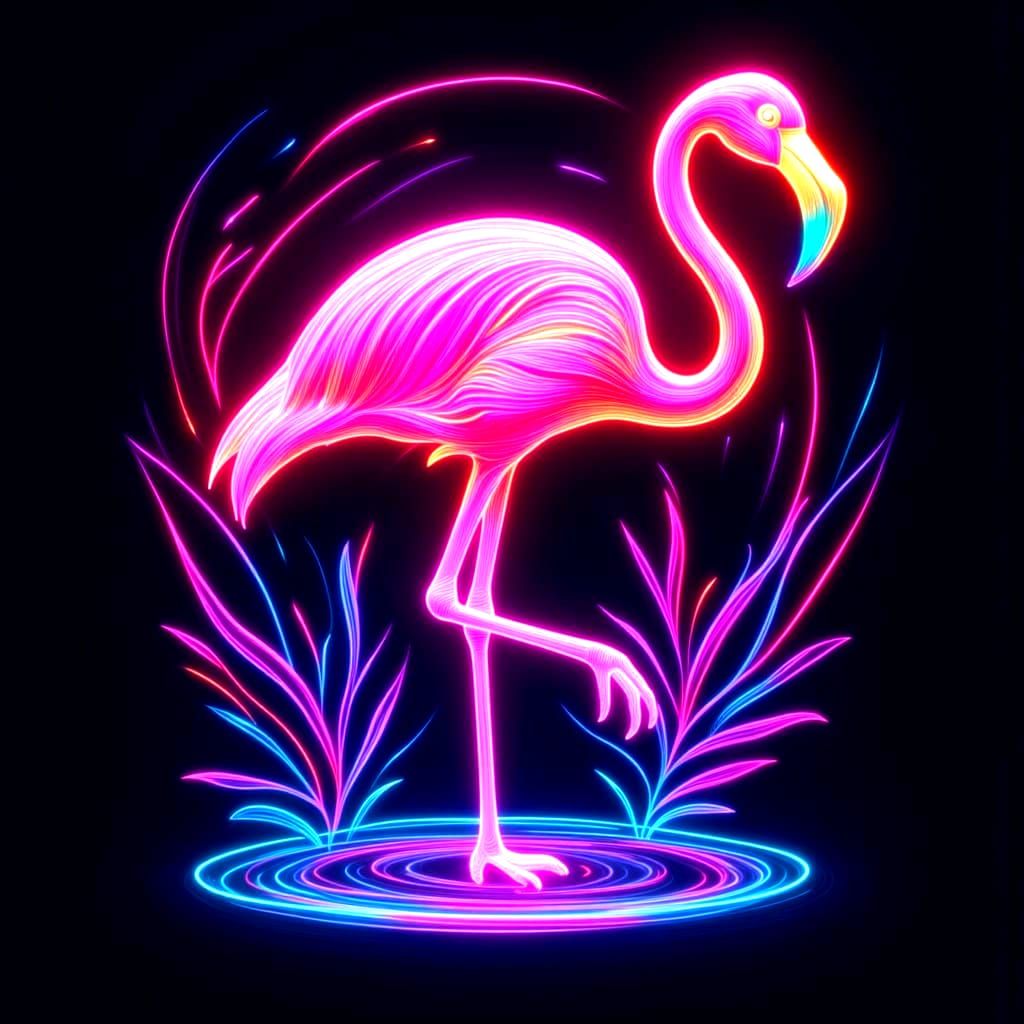 Neon Art Nouveau Flamingo in Cyberpunk Style