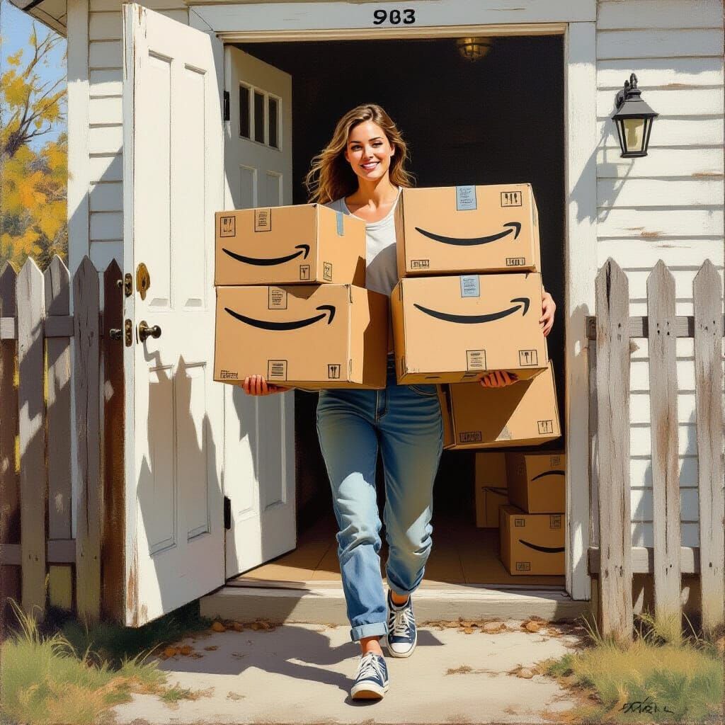 Woman Carrying Amazon Boxes: Wyeth-Inspired Realism