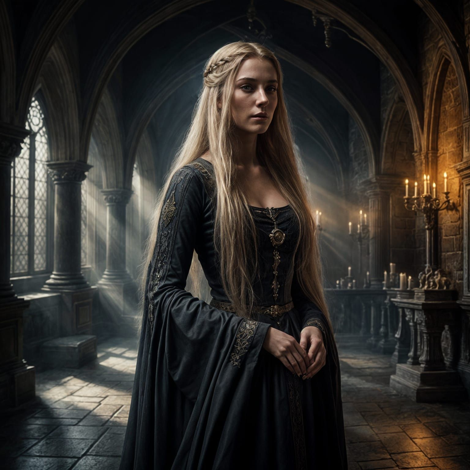 Hyperrealistic Portrait of Woman in Medieval Room