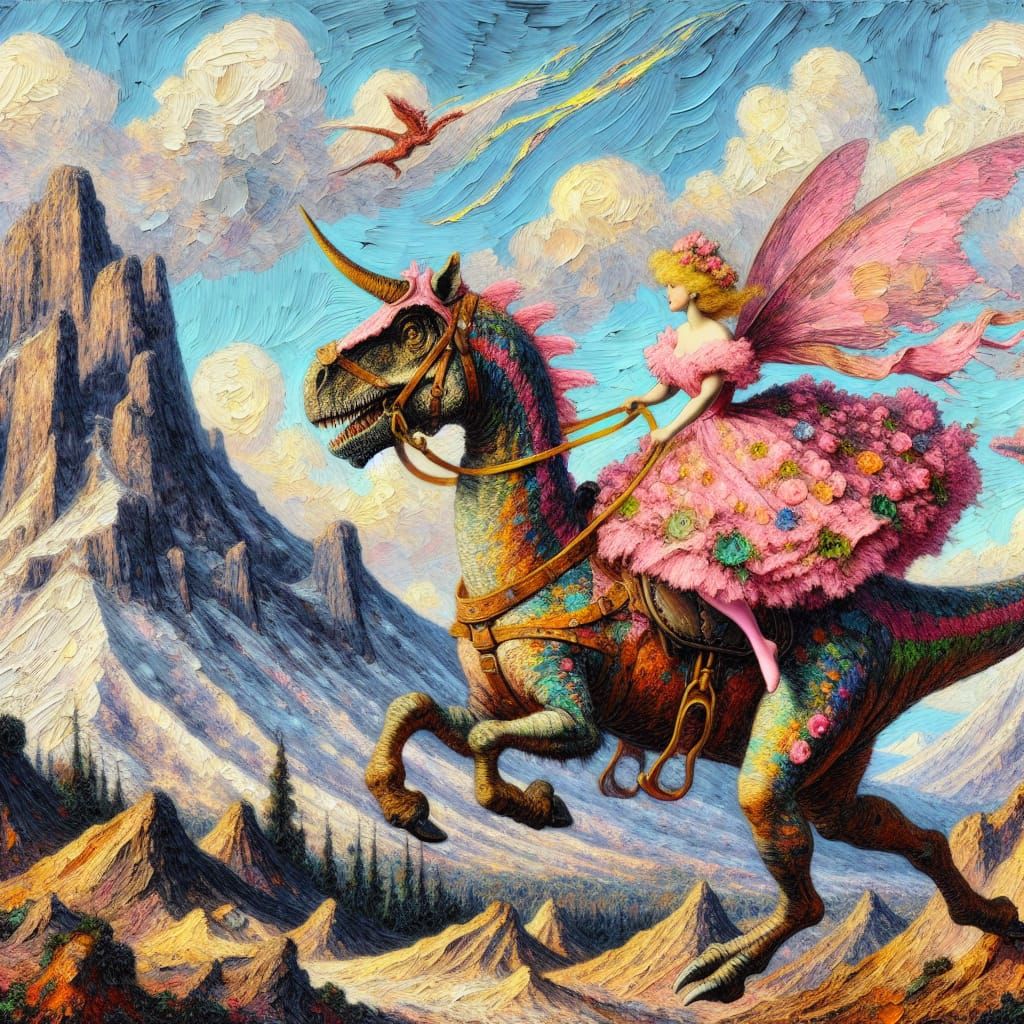Fairy Rides Dinosaur Through Volcanic Landscape as Impasto P...