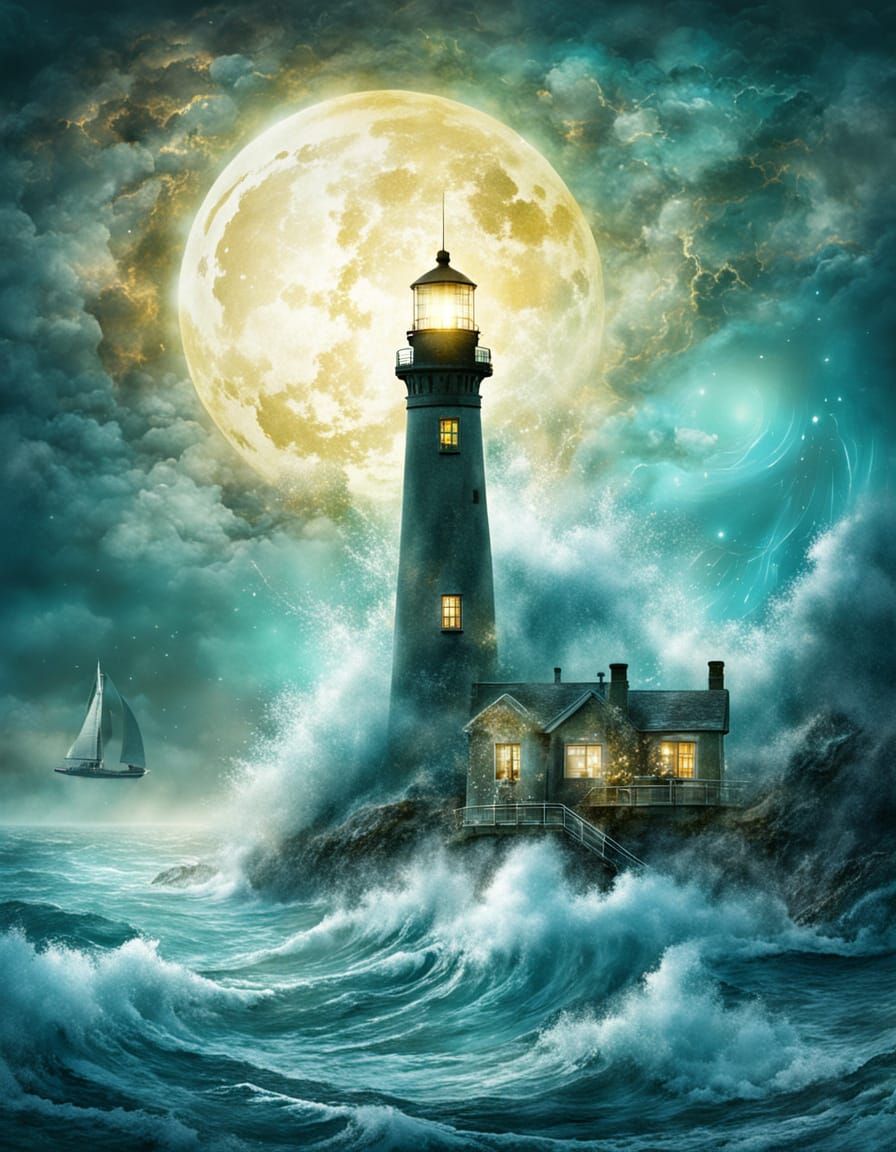 Majestic Lighthouse Silhouette with Glowing Seascape