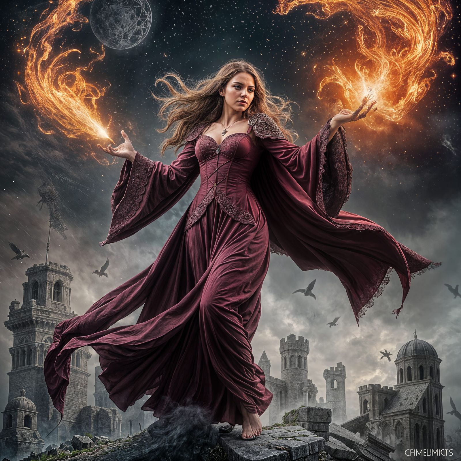 Powerful Sorceress Casting Spells in Cosmic Storm