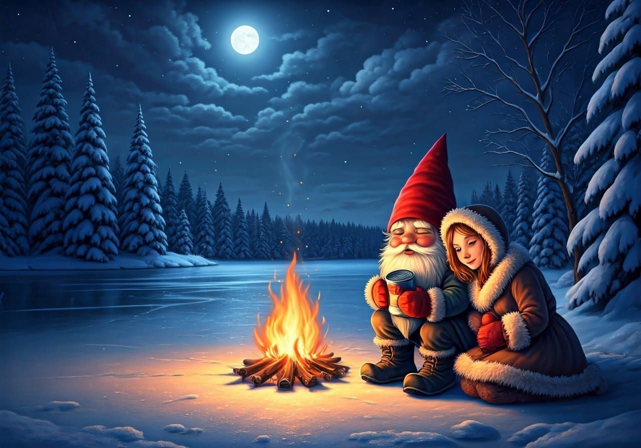 Cozy Winter Scene with Gnome and Fairy