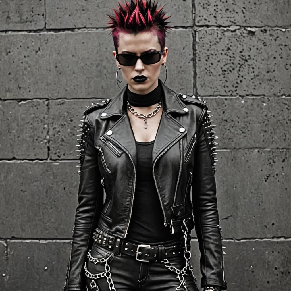 Leather-Clad Punk Biker Girl with Spikes and Chains
